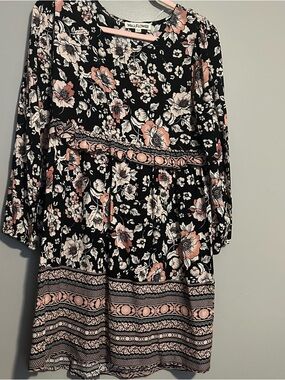 Wallflower Black Floral Empire-Waist Dress with Pink and Cream Flowers